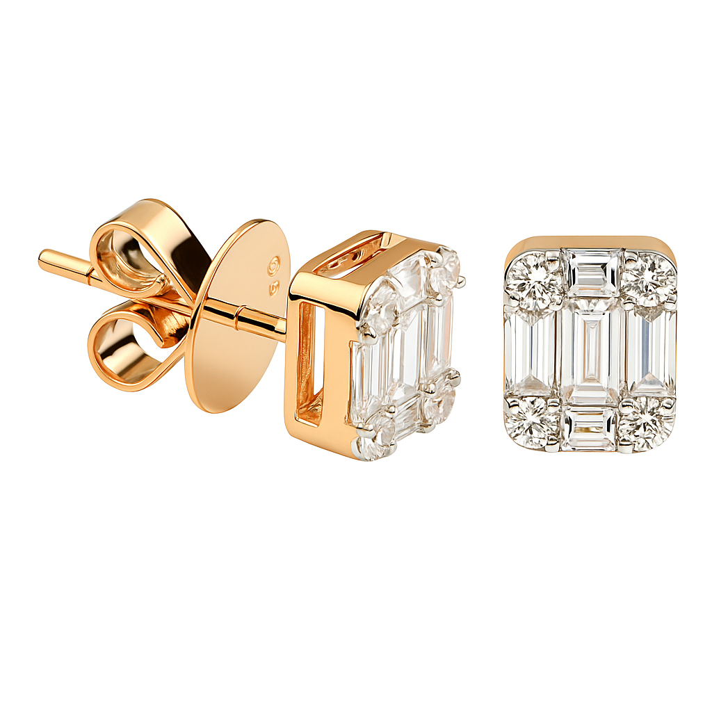18K Rose Gold Diamond Baguette Illusion Stud Earrings, 0.6ct