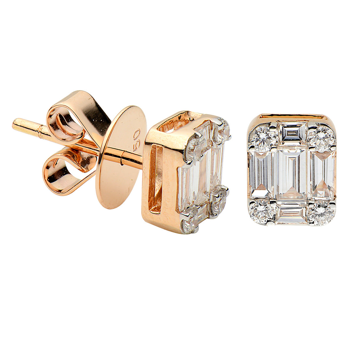 18K Rose Gold Diamond Baguette Illusion Stud Earrings, 0.55ct