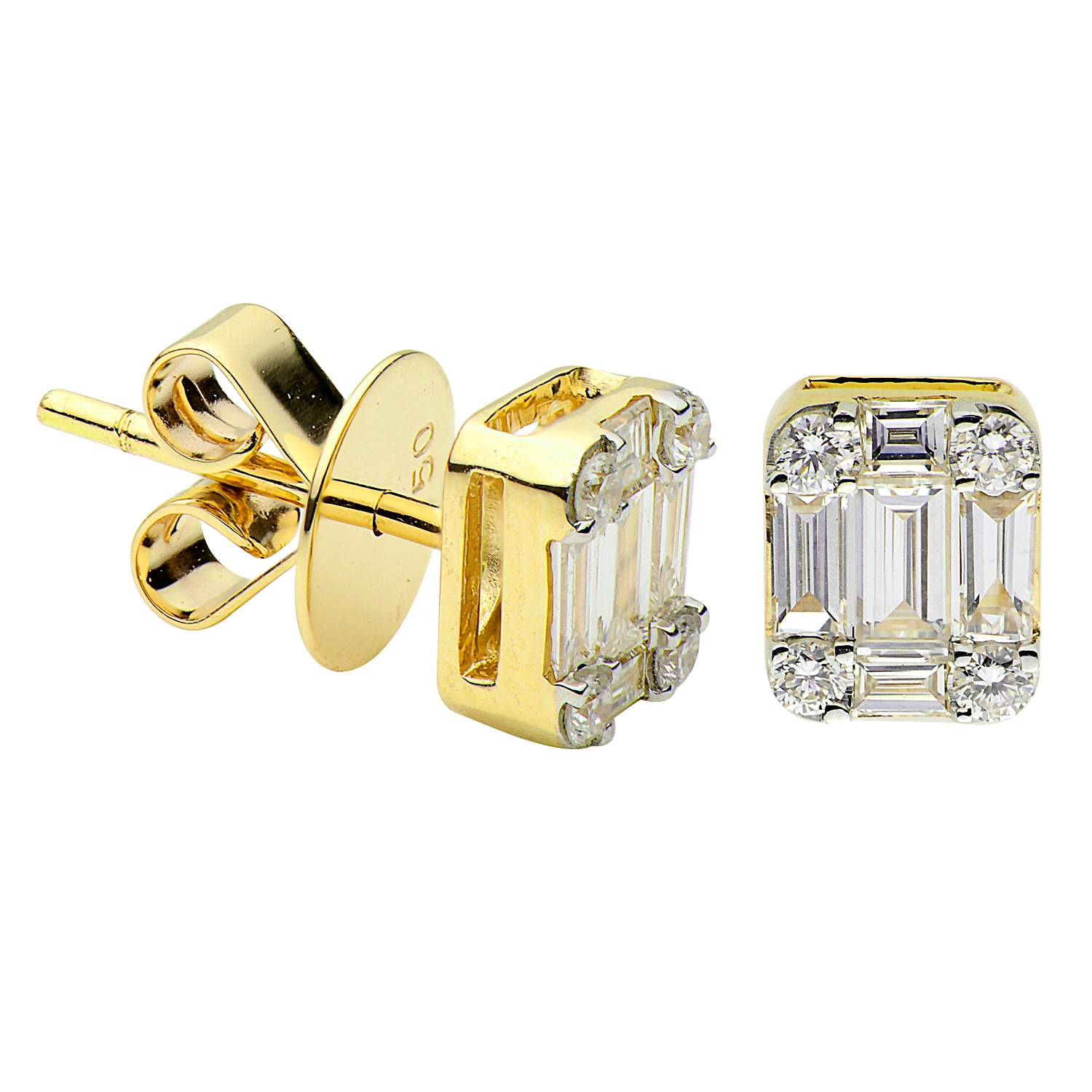 18K Yellow Gold Diamond Baguette Illusion Stud Earrings, 0.32ct