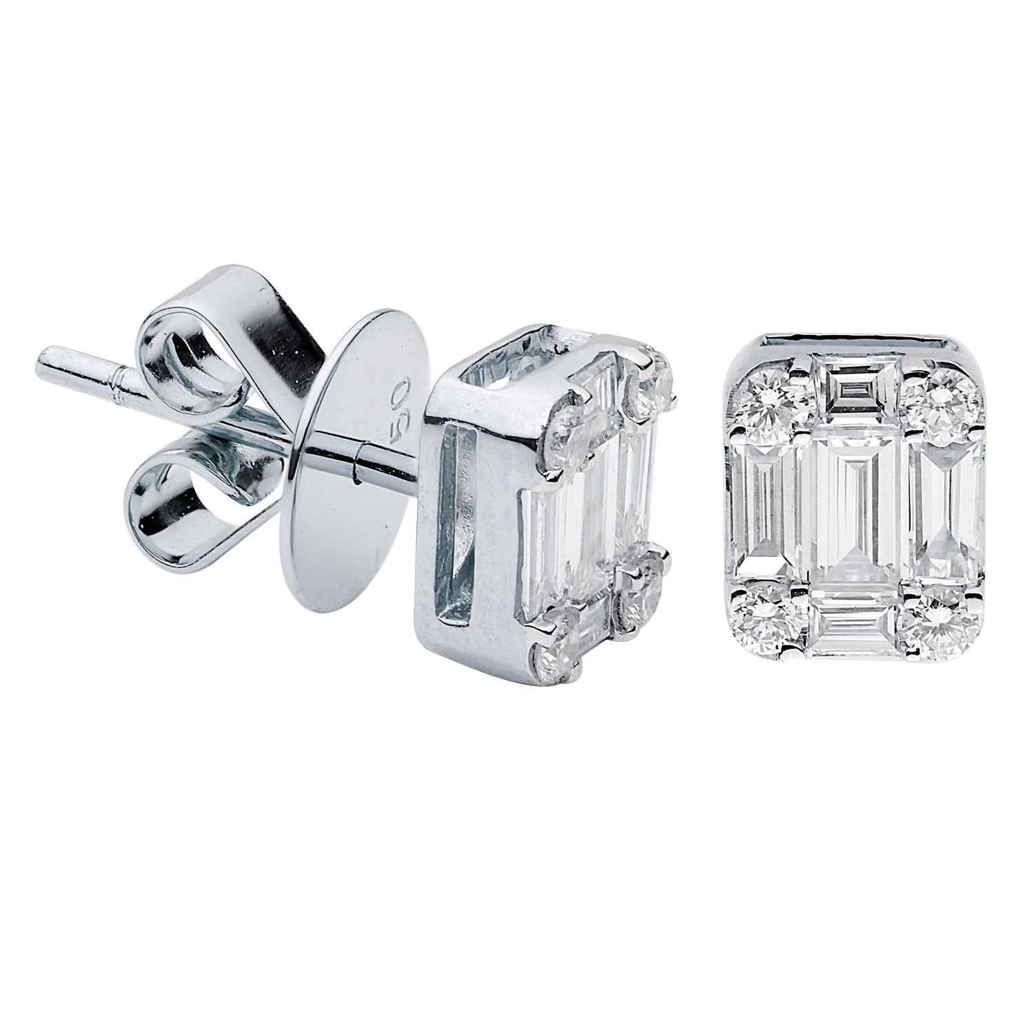 18K White Gold Diamond Baguette Illusion Stud Earrings, 0.8ct