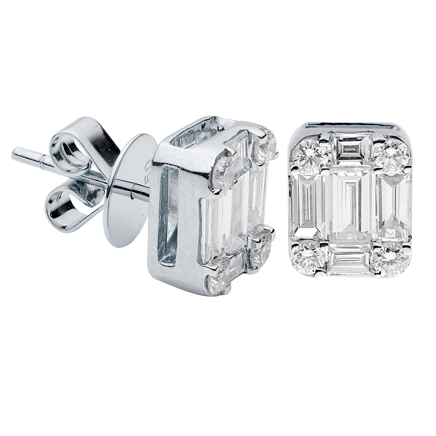 18K White Gold Diamond Baguette Illusion Stud Earrings, 0.55ct
