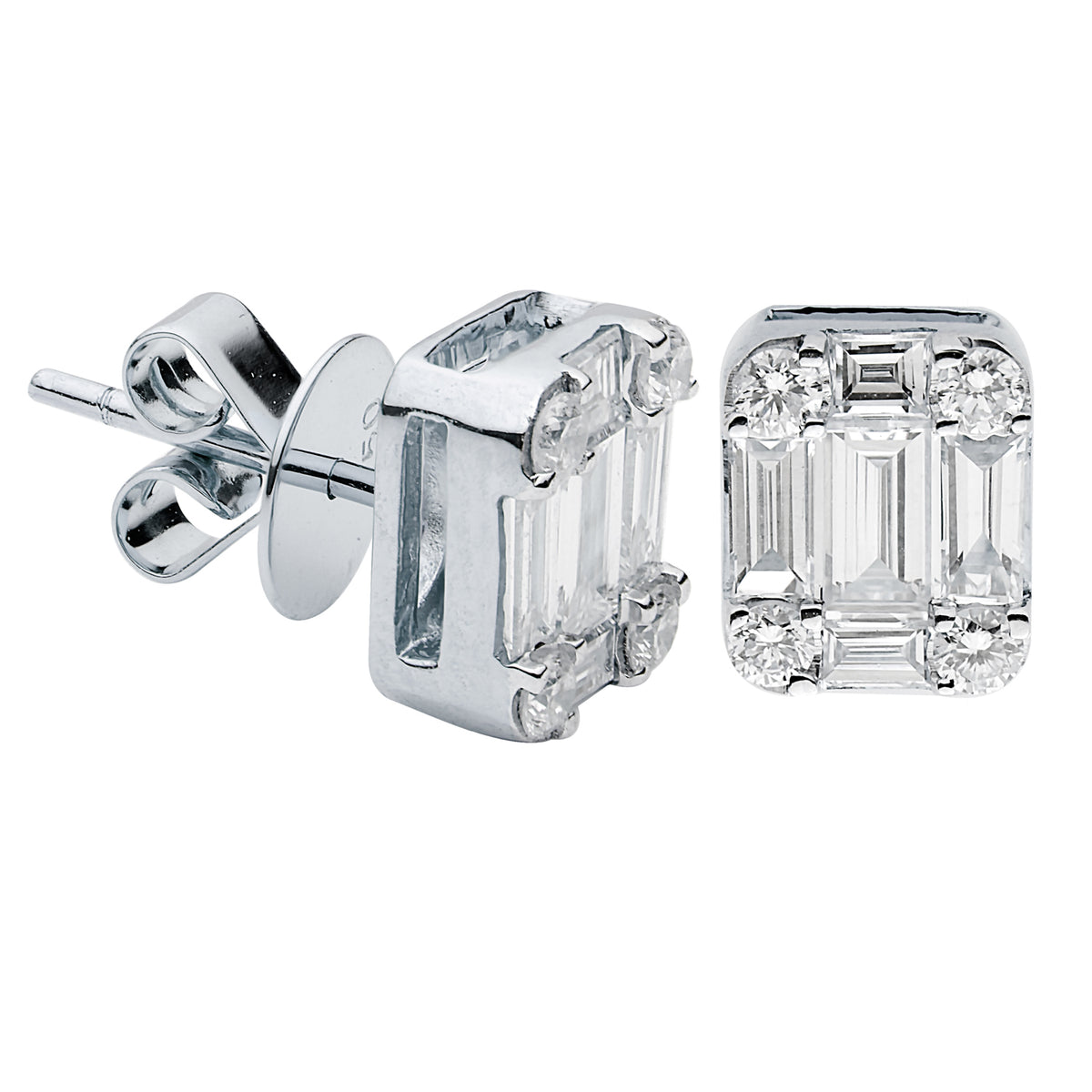 18K White Gold Diamond Baguette Illusion Stud Earrings, 0.55ct