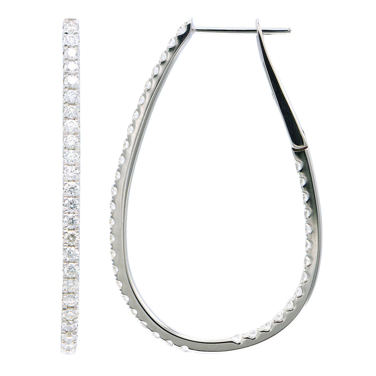 14K White Gold Pear Shape Inside and Out Diamond Hoop Earrings, 0.65ct