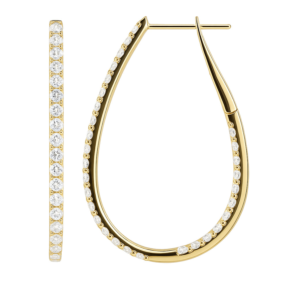 14K Yellow Gold Pear Shape Inside and Out Diamond Hoop Earrings, 1.45ct