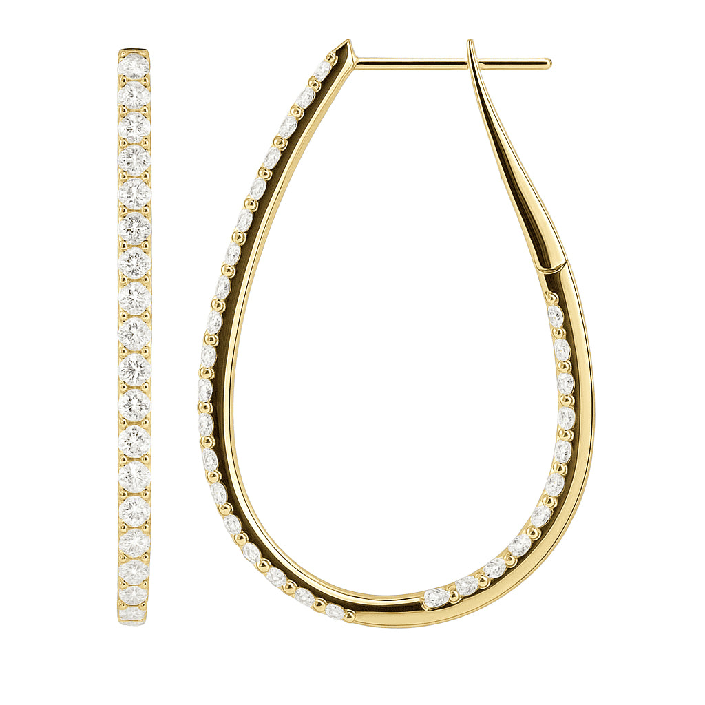 14K Yellow Gold Pear Shape Inside and Out Diamond Hoop Earrings, 1.45ct
