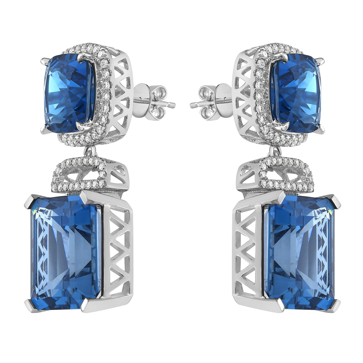 E090002-LBT - Earrings 14KW/9.9G 2LBT-25.34CT 2LBT-9.83CT 96RD-0.55CT London Blue Topaz
