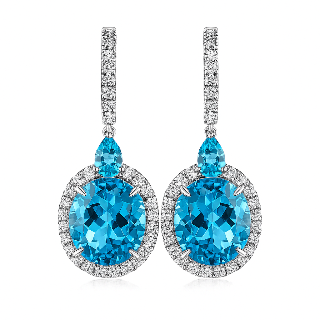 14K White Gold Swiss Blue Topaz Earrings, 12.02ct