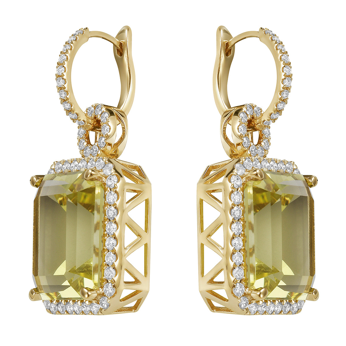 14K Yellow Gold Green Quartz Earrings, 19.38ct