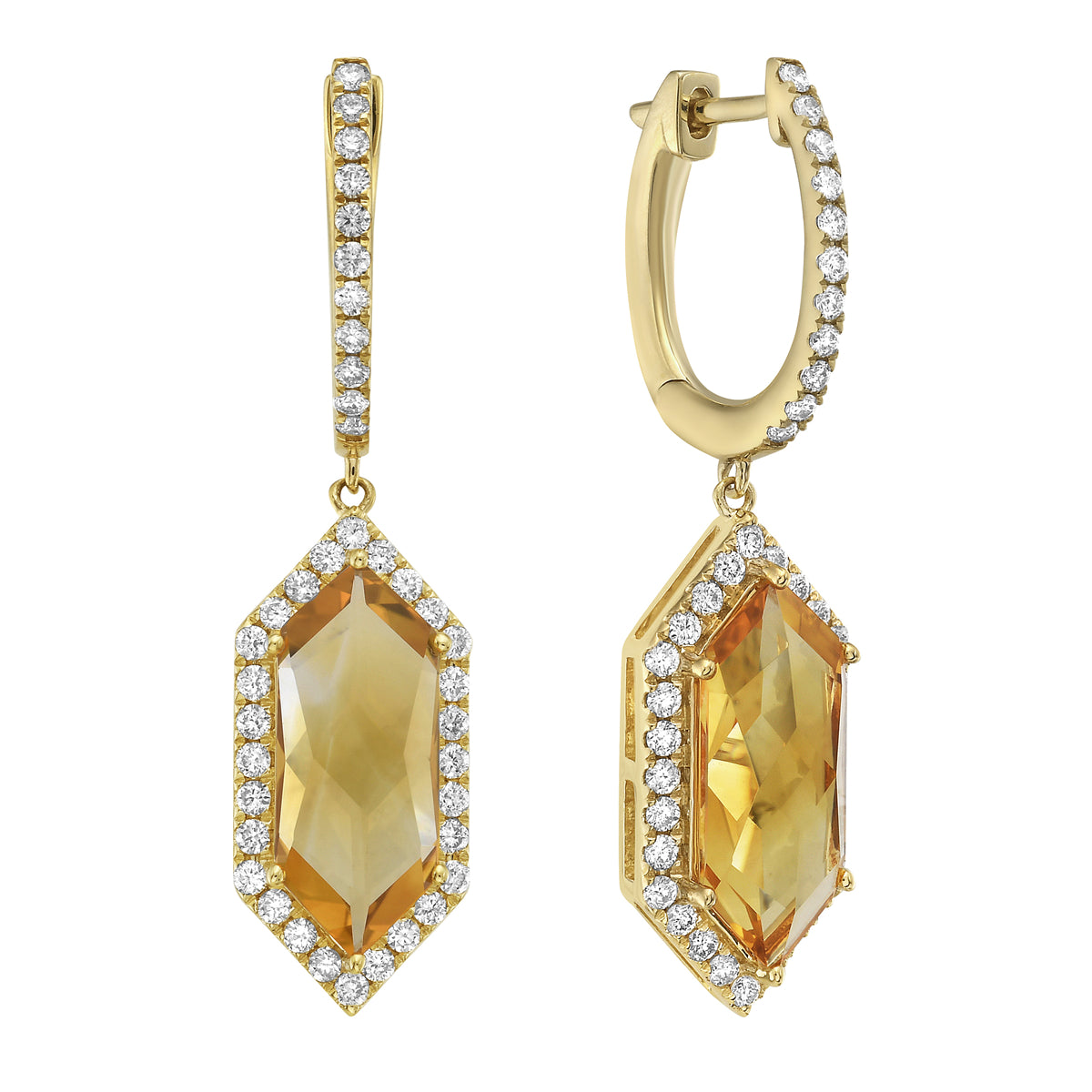 E090011-CIT - EaEarrings 14KY/4.4G 2CIT-4.36CT 78RD-0.73CT Citrine