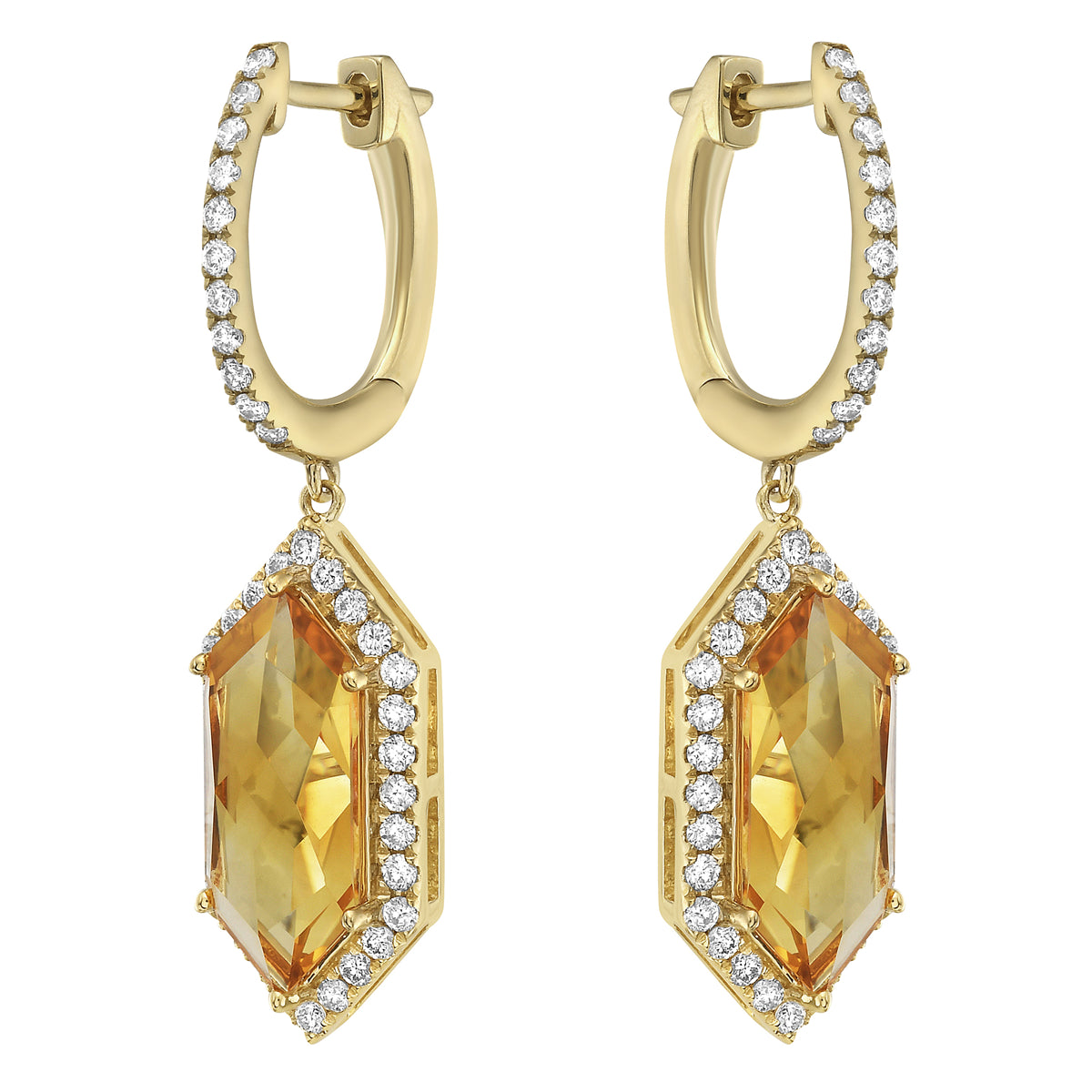 E090011-CIT - EaEarrings 14KY/4.4G 2CIT-4.36CT 78RD-0.73CT Citrine