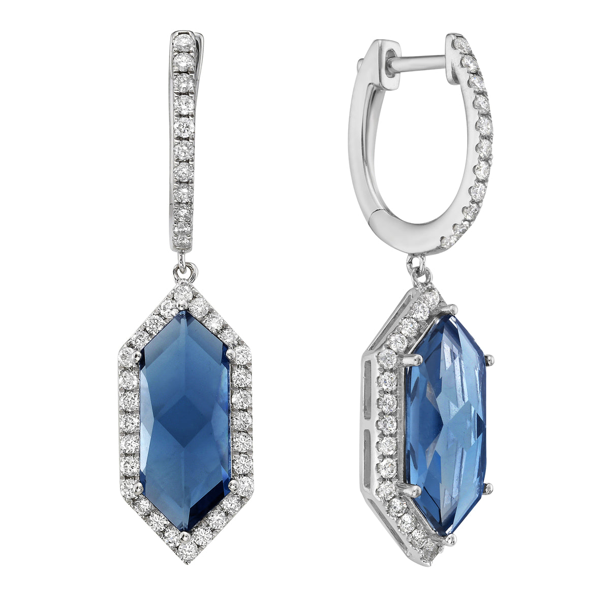 E090011-LBT - Earrings 14KW/4.4G 2LBT-6.08CT 78RD-0.73CT London Blue Topaz