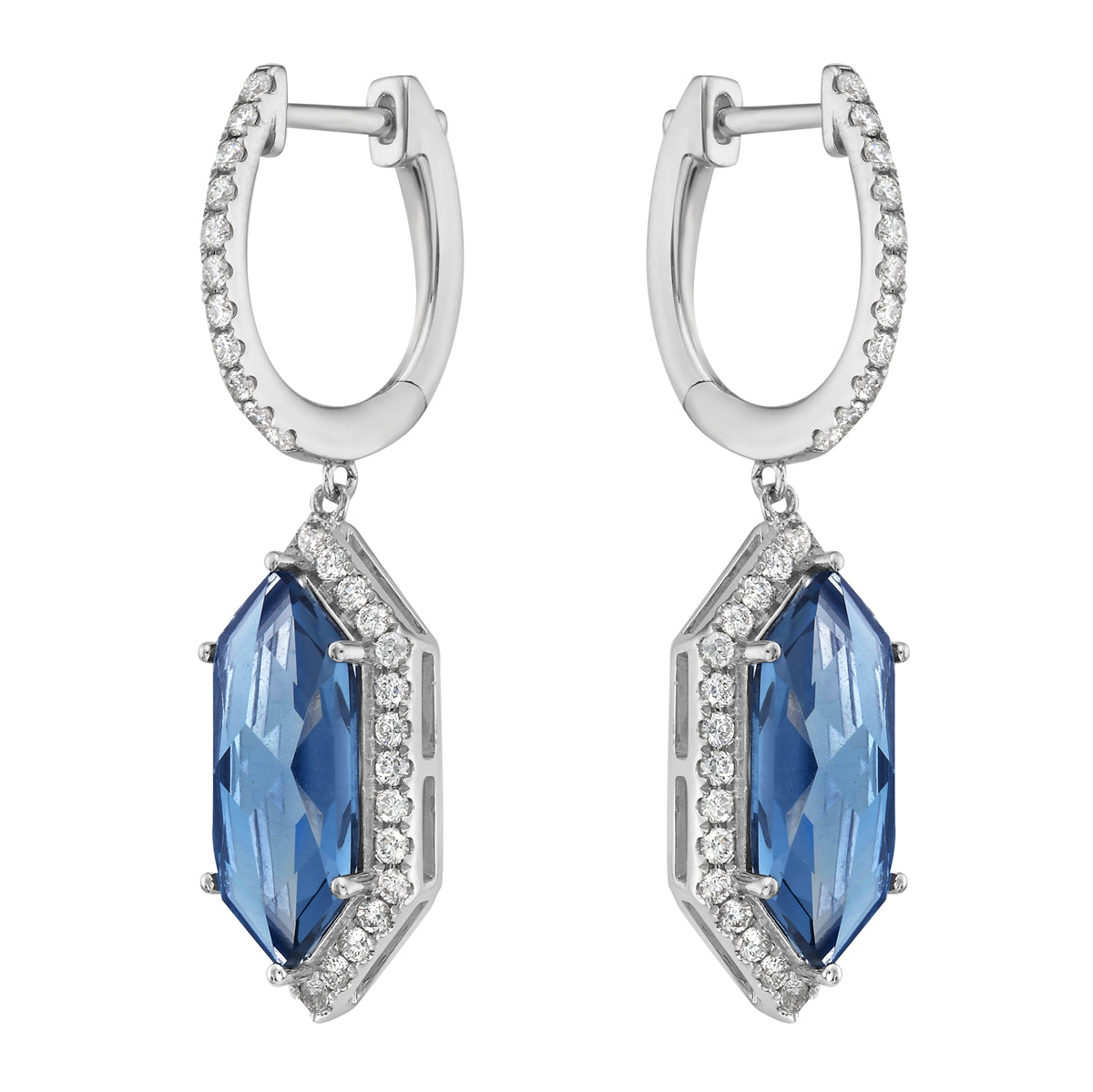 E090011-LBT - Earrings 14KW/4.4G 2LBT-6.08CT 78RD-0.73CT London Blue Topaz