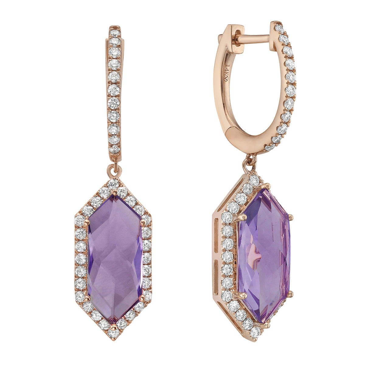 E090011R-RDF - Earrings 14KR/4.2G 2RDF-5.01CT 78RD-0.73CT Rose De France