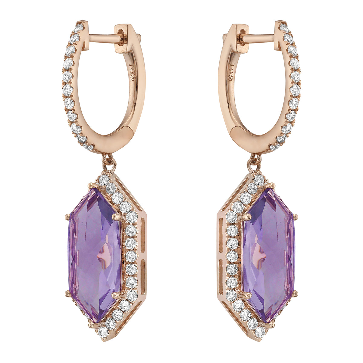 E090011R-RDF - Earrings 14KR/4.2G 2RDF-5.01CT 78RD-0.73CT Rose De France