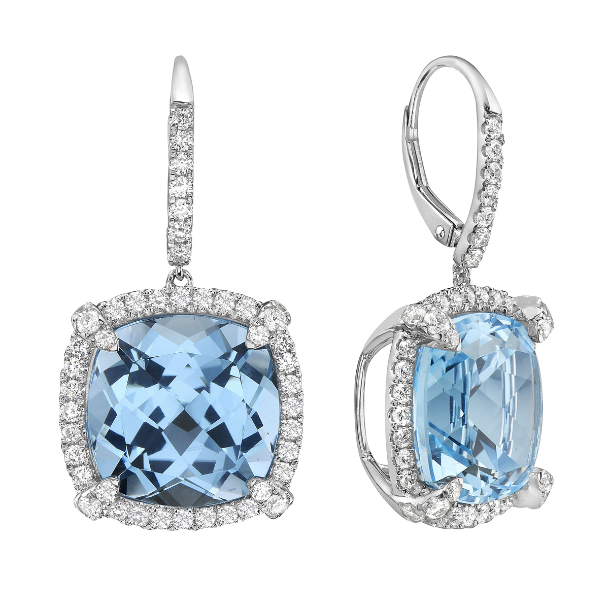 E090013W-SBT - Earrings 14KW/6.8G 2SBT-28.36CT 94RD-1.67CT (14mm)  Sky Blue Topaz