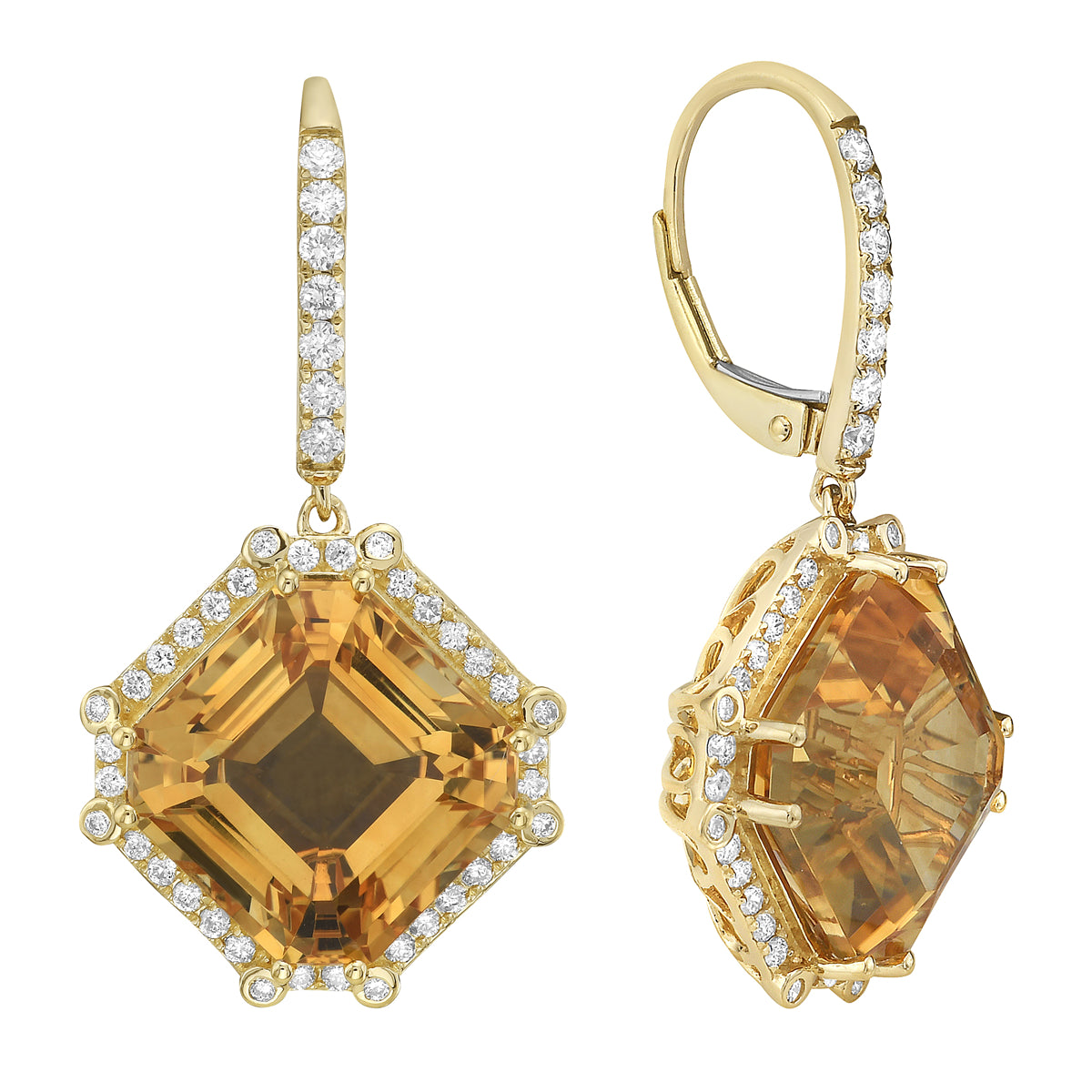 E090018Y-CIT - Earrings 14KY/4.5G 2CIT-14.40CT 86RD-0.63CT Citrine