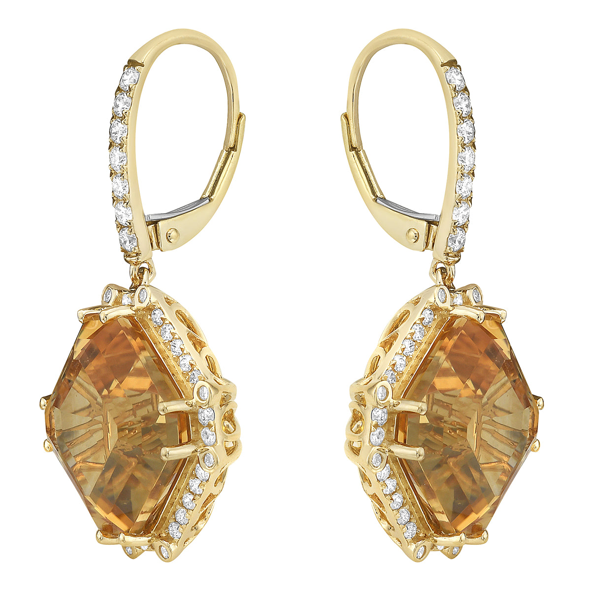 E090018Y-CIT - Earrings 14KY/4.5G 2CIT-14.40CT 86RD-0.63CT Citrine