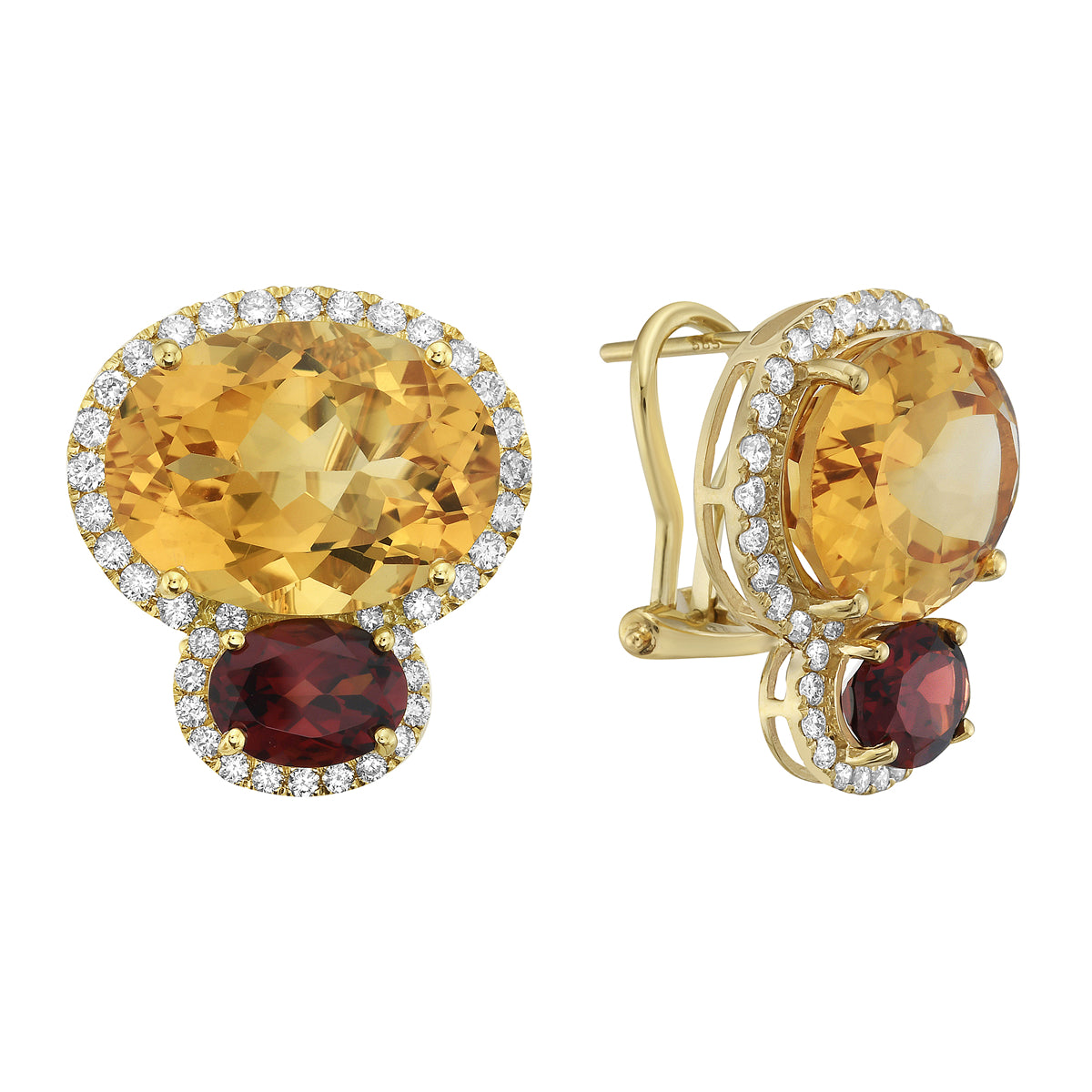 E090019Y-C/G - Earrings 14KY/6.5G 2CIT -17.18CT 2GAR-3.03CT 76RD-1.10CT Citrin and Garnet