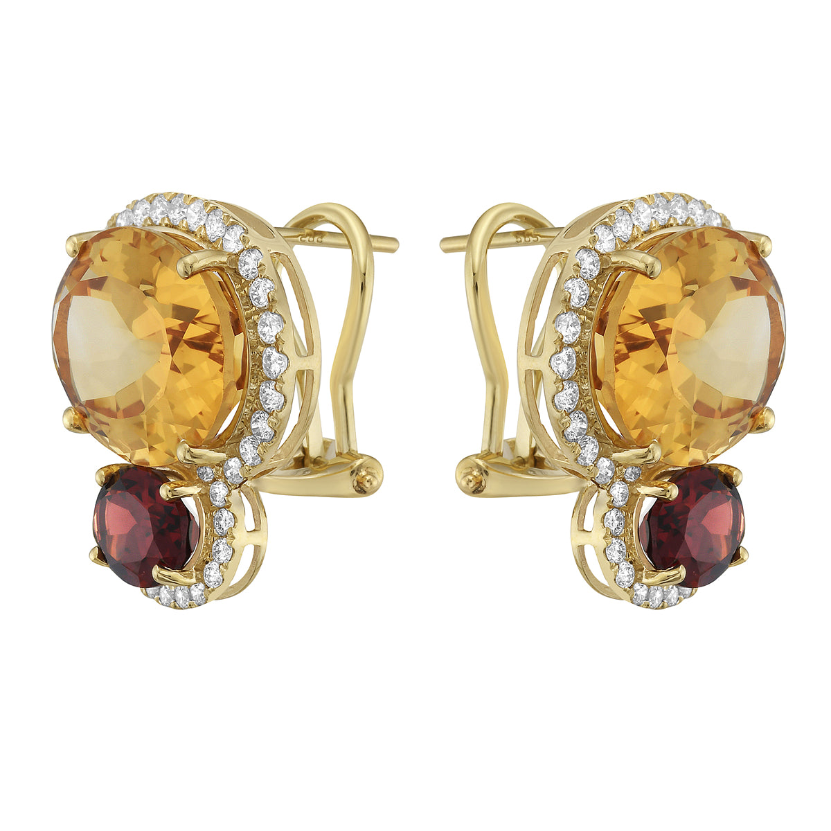 E090019Y-C/G - Earrings 14KY/6.5G 2CIT -17.18CT 2GAR-3.03CT 76RD-1.10CT Citrin and Garnet