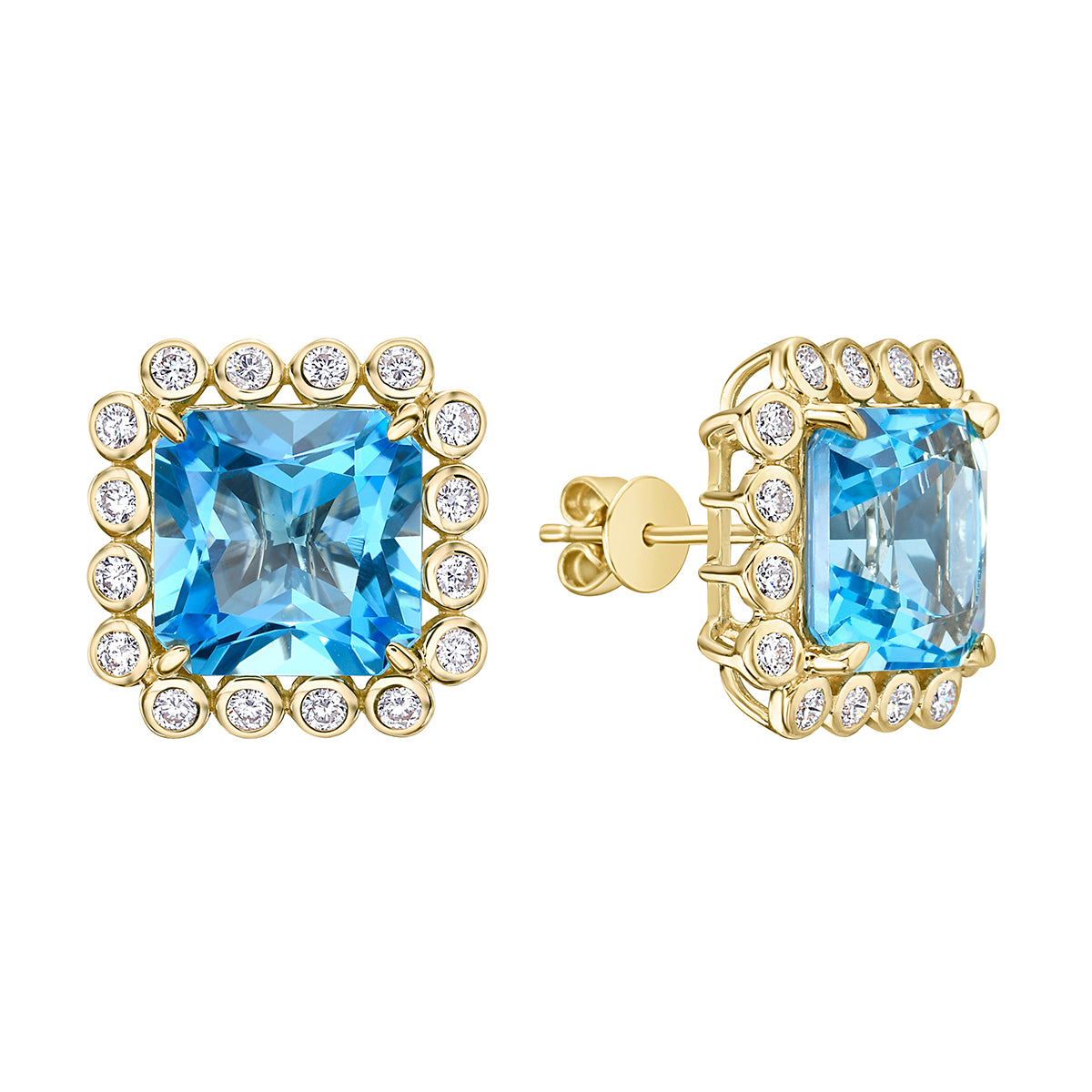 E090024Y-SWBT - Earrings 14KY/4.5G 2SWBT-11.33CT 32RD-0.70CT Swiss Blue Topaz