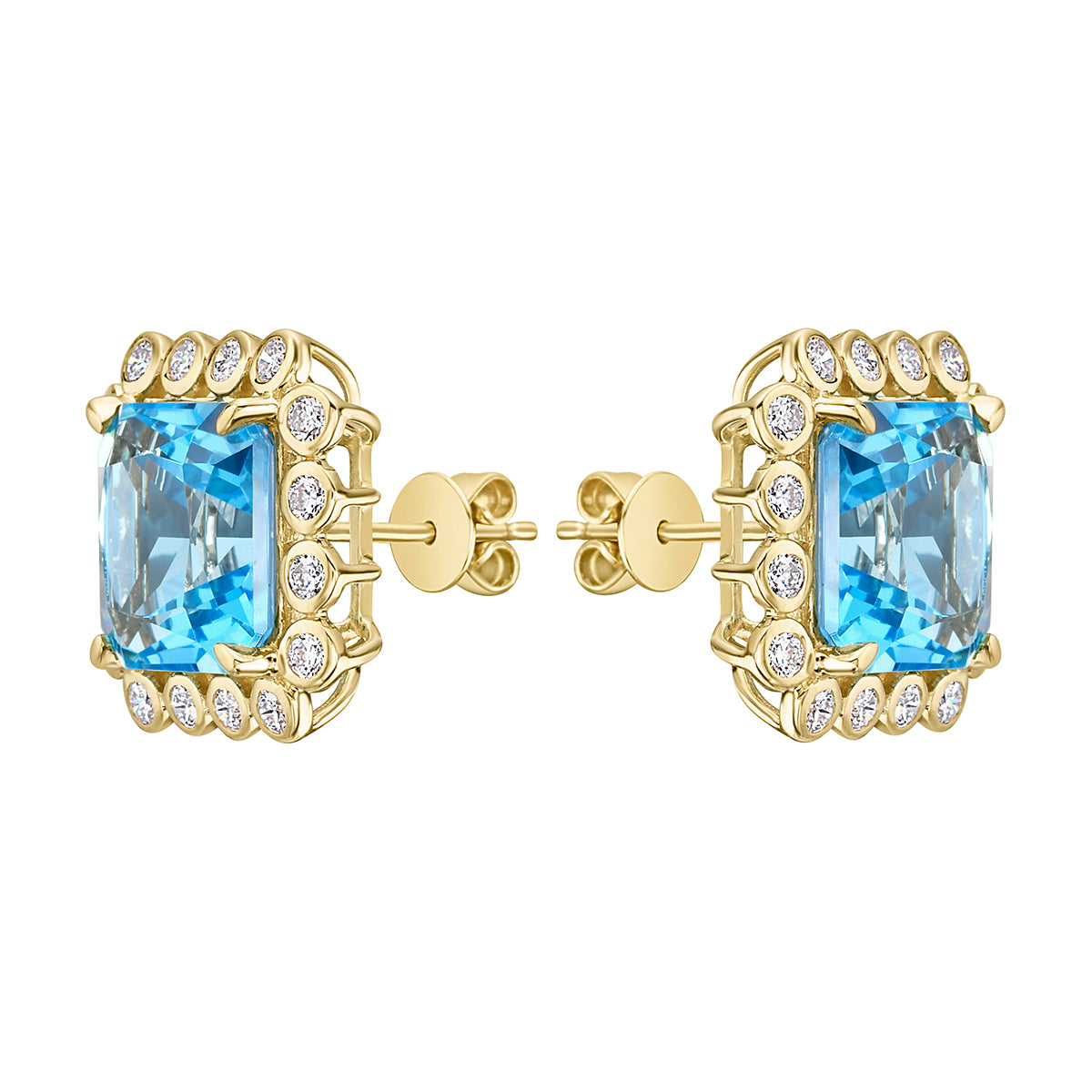 E090024Y-SWBT - Earrings 14KY/4.5G 2SWBT-11.33CT 32RD-0.70CT Swiss Blue Topaz