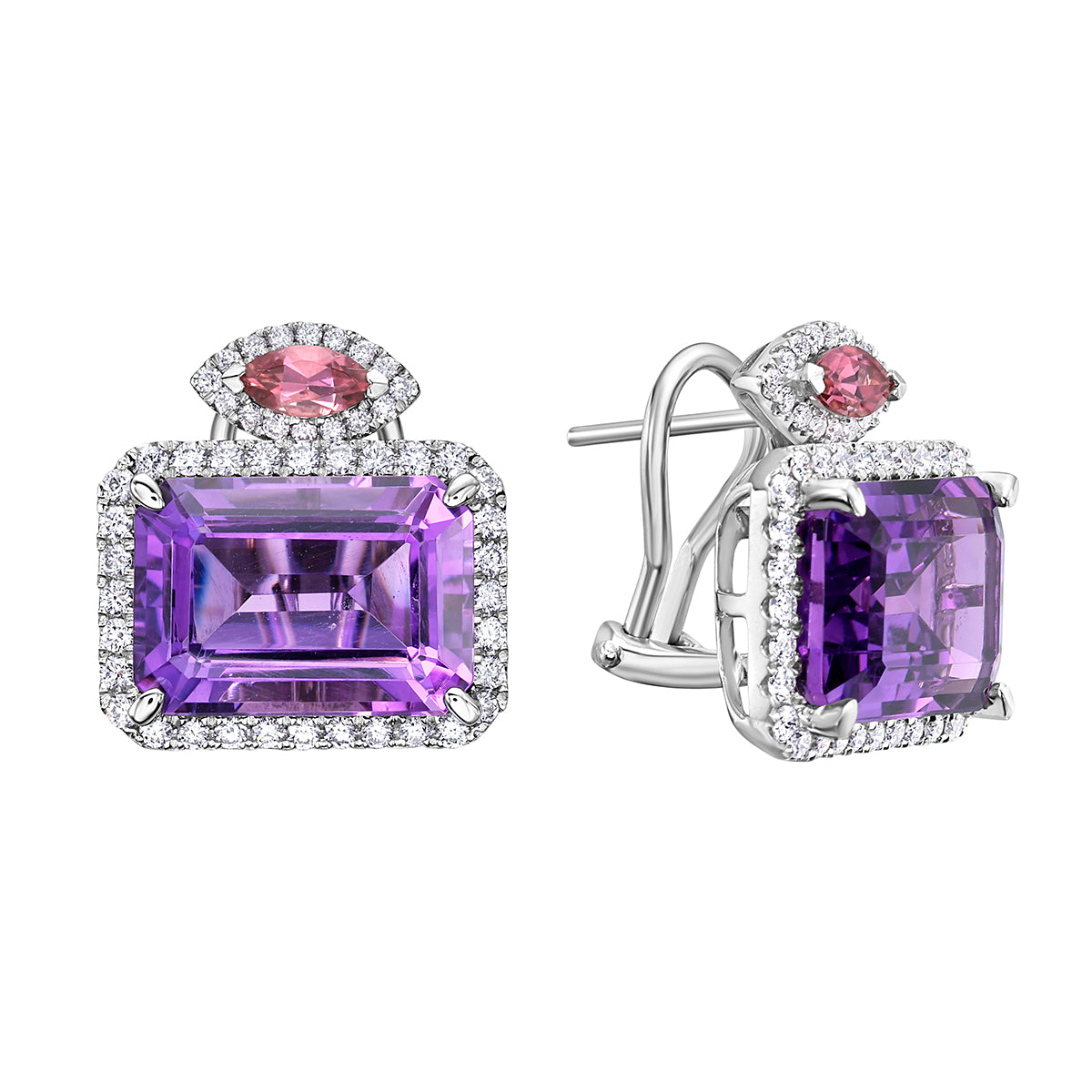 E090025-PT/AM - Earrings 14KW/6.7G 2AME-15.03CT 2PT-0.48CT 96RD-0.88CT Pink Tourmilinr and Ameth