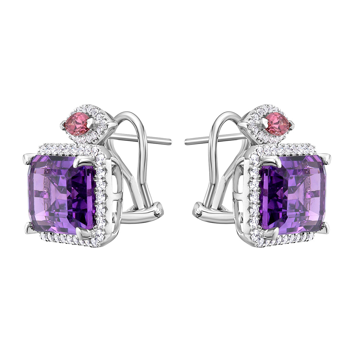 E090025-PT/AM - Earrings 14KW/6.7G 2AME-15.03CT 2PT-0.48CT 96RD-0.88CT Pink Tourmilinr and Ameth