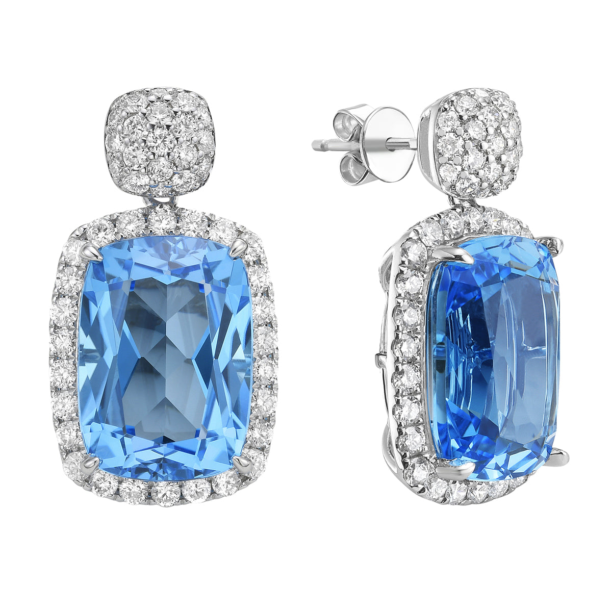E090035-SWBT - Earrings 14KW/4.4G 2SWBT-17.53CT 90RD-1.46CT Swiss Blue Topaz