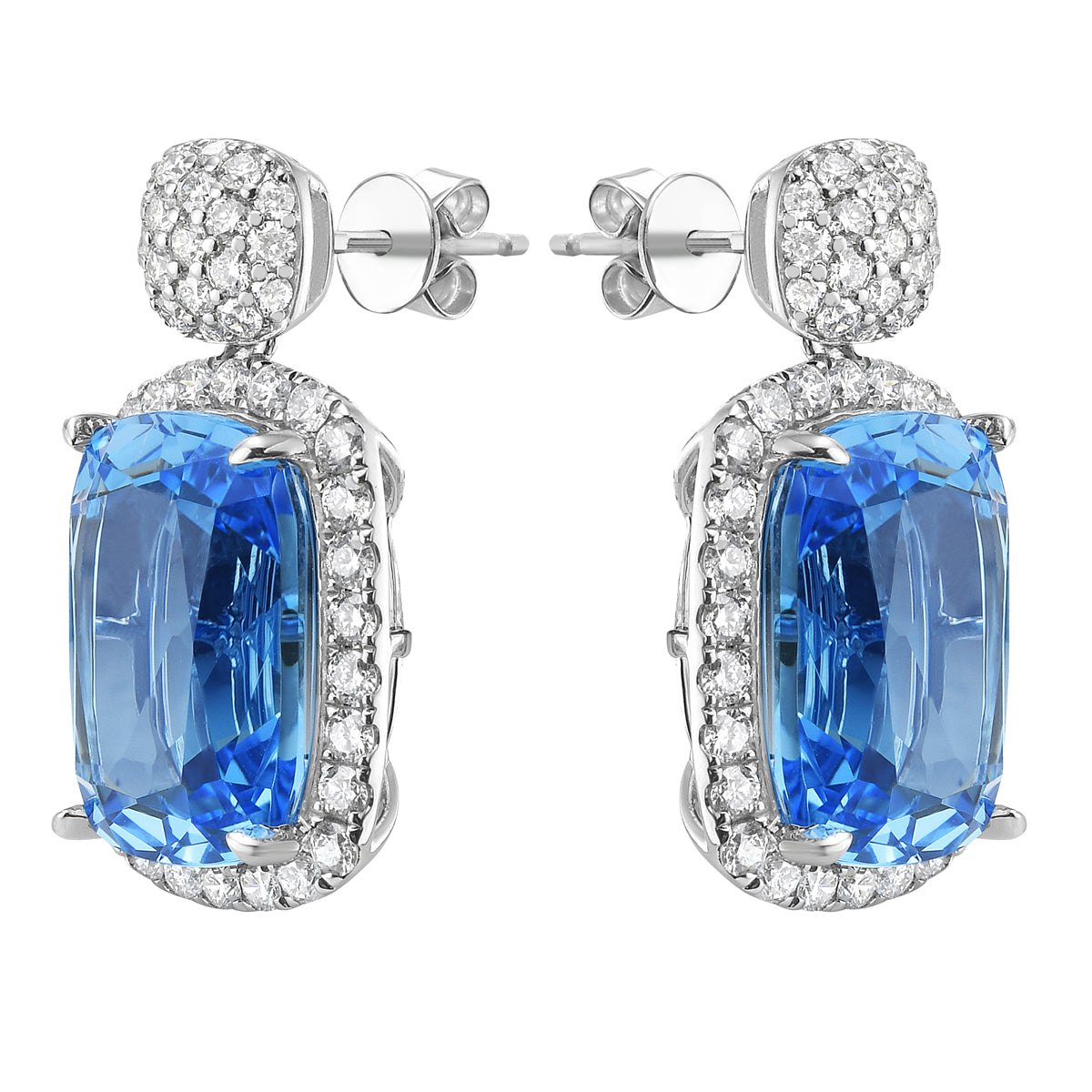 E090035-SWBT - Earrings 14KW/4.4G 2SWBT-17.53CT 90RD-1.46CT Swiss Blue Topaz