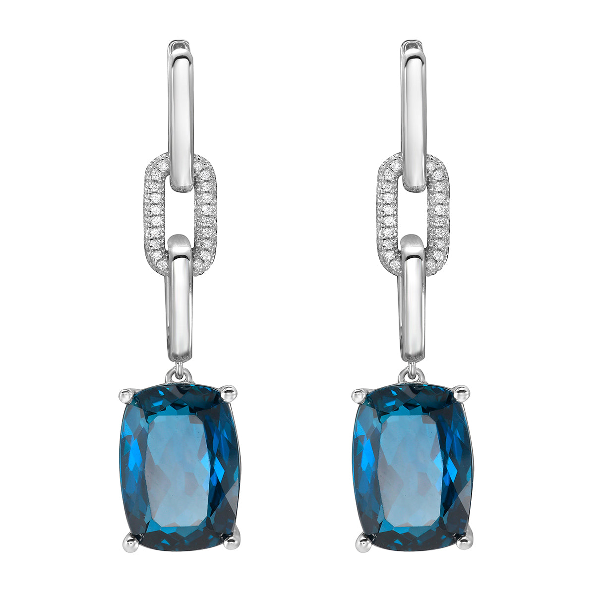 E090070-LBT - Earrings 14KW/7.7G 2LBT-16.83CT 112RD-0.28CT London Blue Topaz