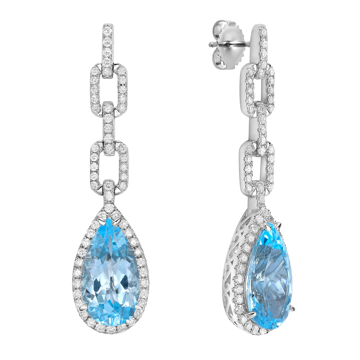 E090071-SBT - Earrings 14KW/7.3G 2SBT-9.92CT 120RD-1.10CT Sky Blue Topaz