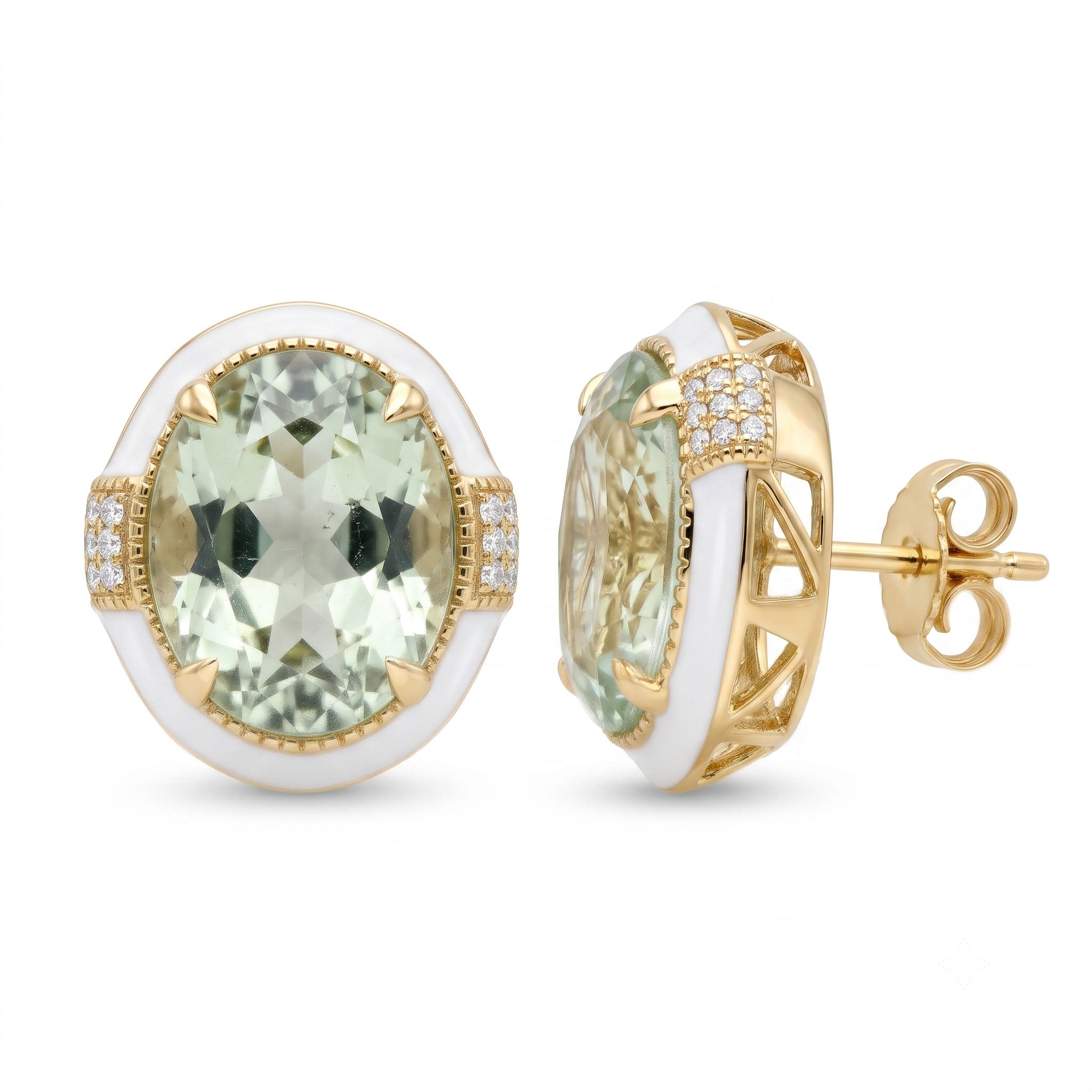 E090083Y-G.AME - Earrings 14KY/4.3G 2G.AME-8.76CT 36RD-0.10CT Green Amethyst