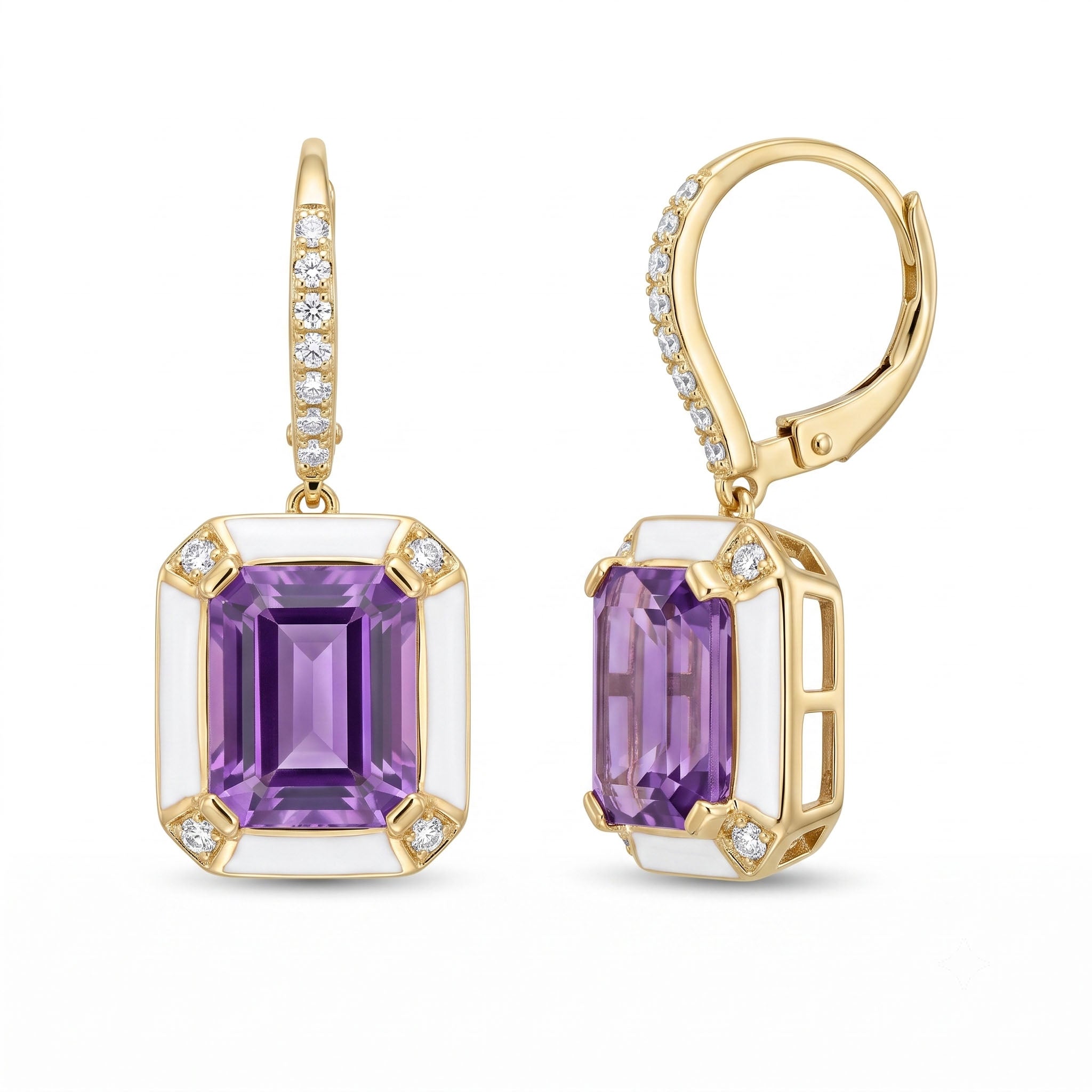 E090089Y-AME - Earrings 14KY/4.9G 2AME-6.38CT 56RD-0.37CT Amethyst W.Enamel