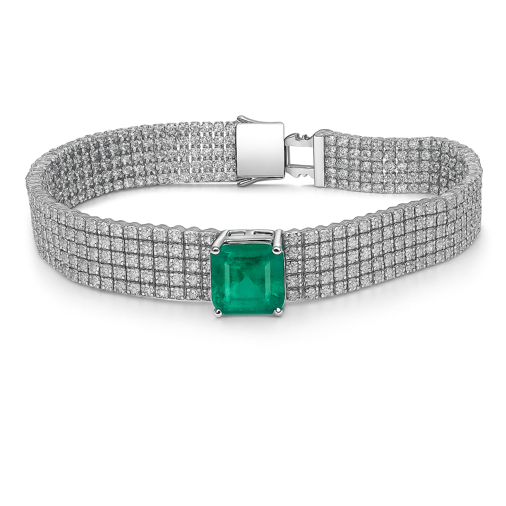 Handmade 18K White Gold Green Emerald Bracelet, 2.91ct