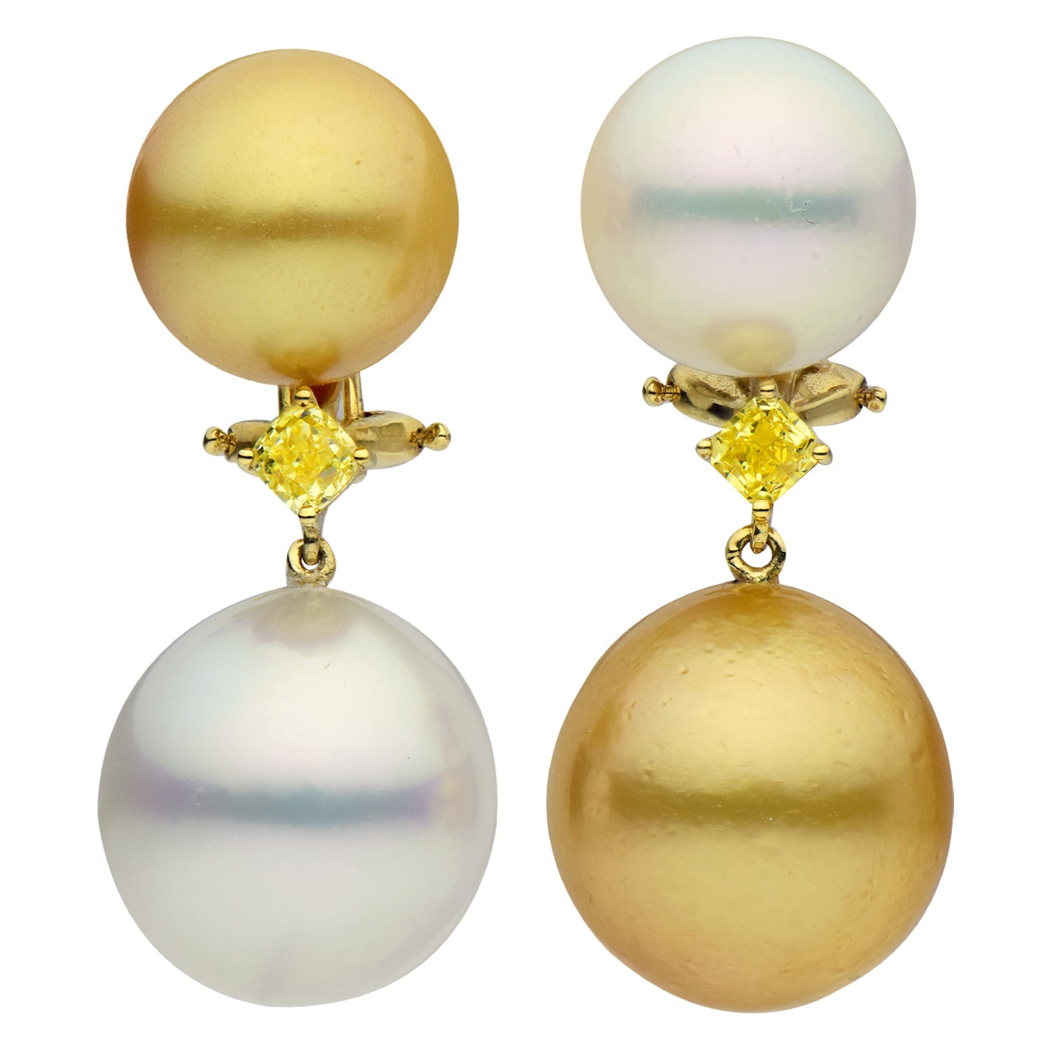 18KY White & Golden South Sea Pearl Earrings, 12-15mm