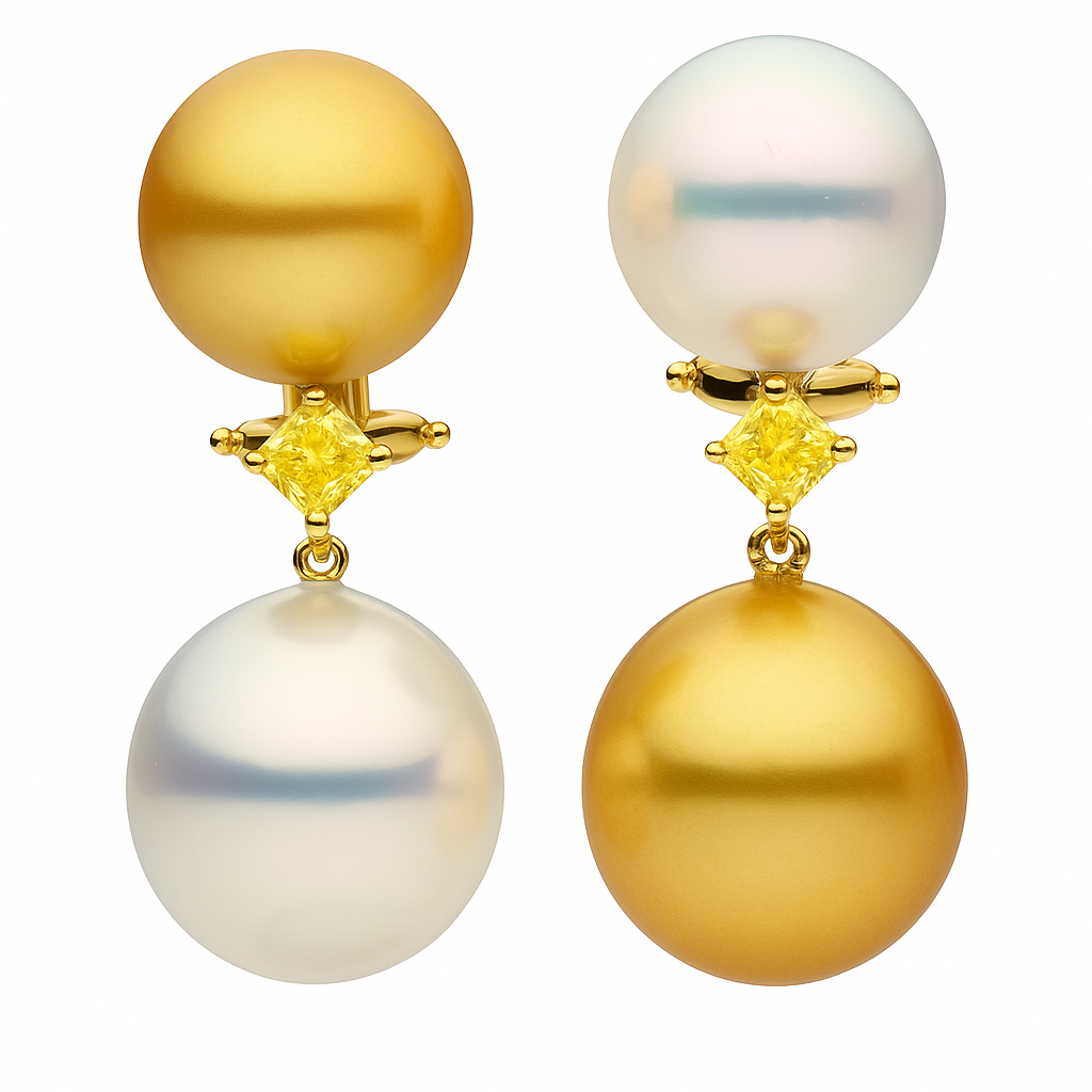 18K Yellow Gold Radiant Golden South Sea Pearl Earrings, 12-15mm, 0.65ct