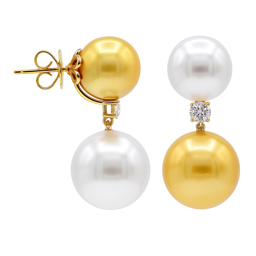 18K Yellow Gold South Sea Golden Pearl Earrings, 11-14mm, 0.45ct