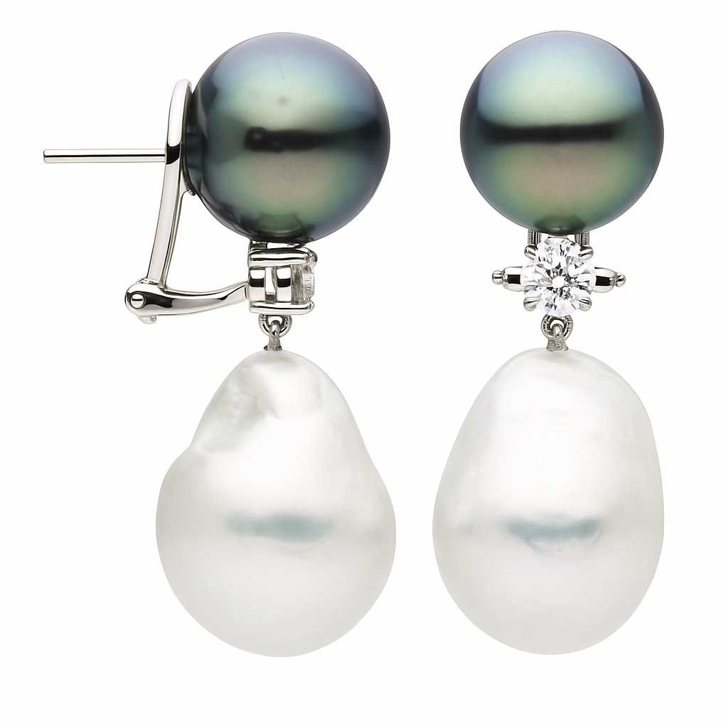 18K White Gold Tahitian Pearl Earrings, 12-15mm, 0.62ct