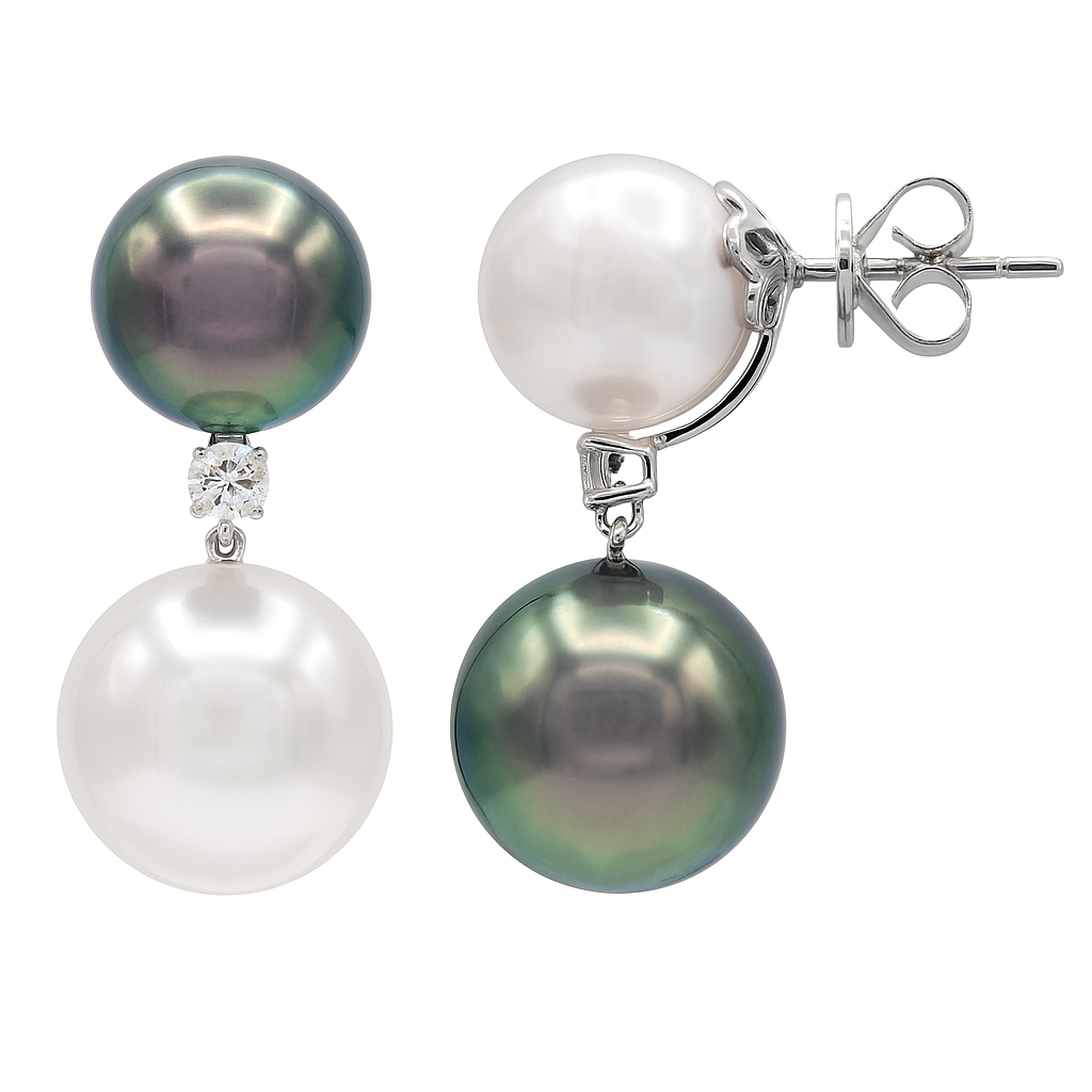 18K White Gold Multi Color Pearls Earrings, 0.25ct