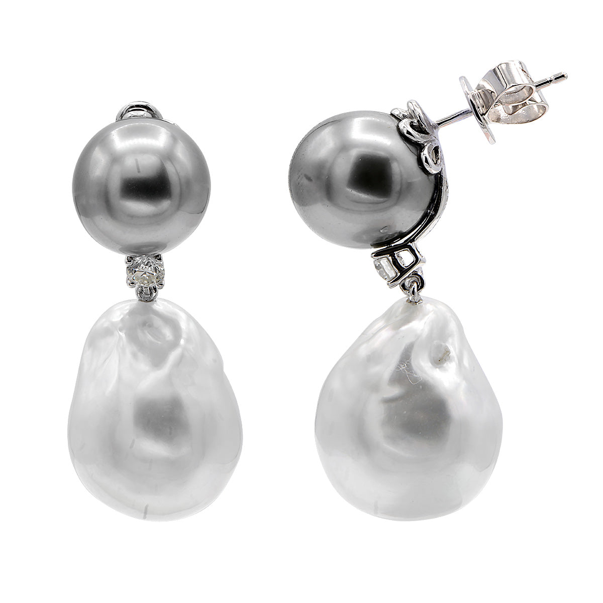 18KW White South Sea & Tahitian Pearl Earrings, 11-14mm