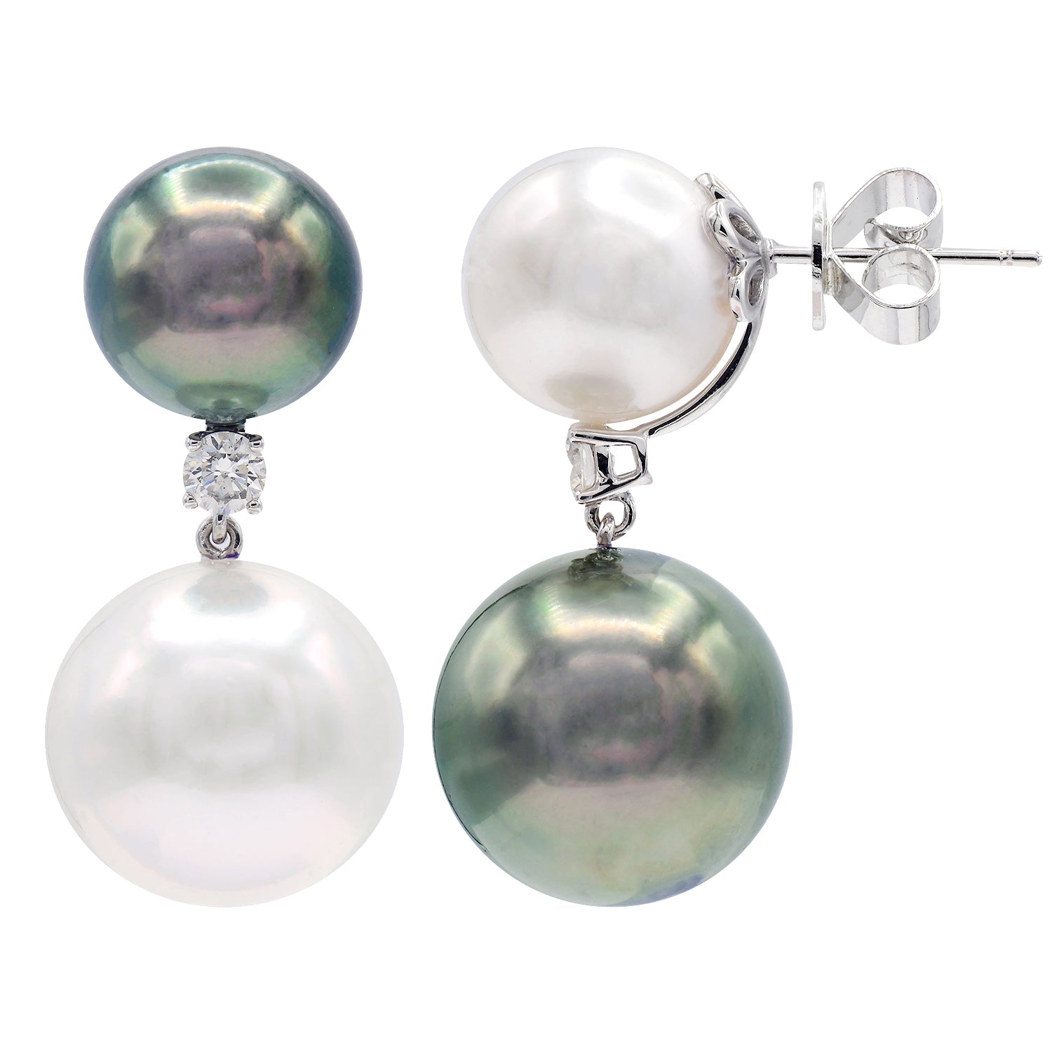 18KW White South Sea & Tahitian Pearl Earrings, 11-14mm