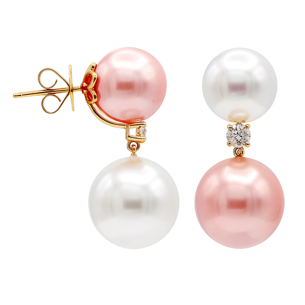 18K Rose Gold Freshwater Pearl Earrings, 11-14mm, 0.25ct