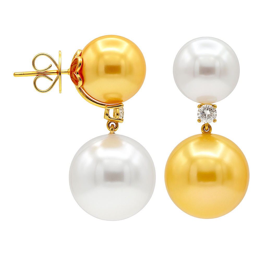 18K Yellow Gold South Sea Pearl Earrings, 11-14mm, 0.26ct