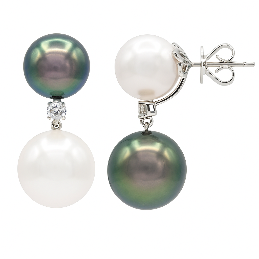 18K White Gold Tahitian Pearl Earrings, 12-16mm, 0.28ct
