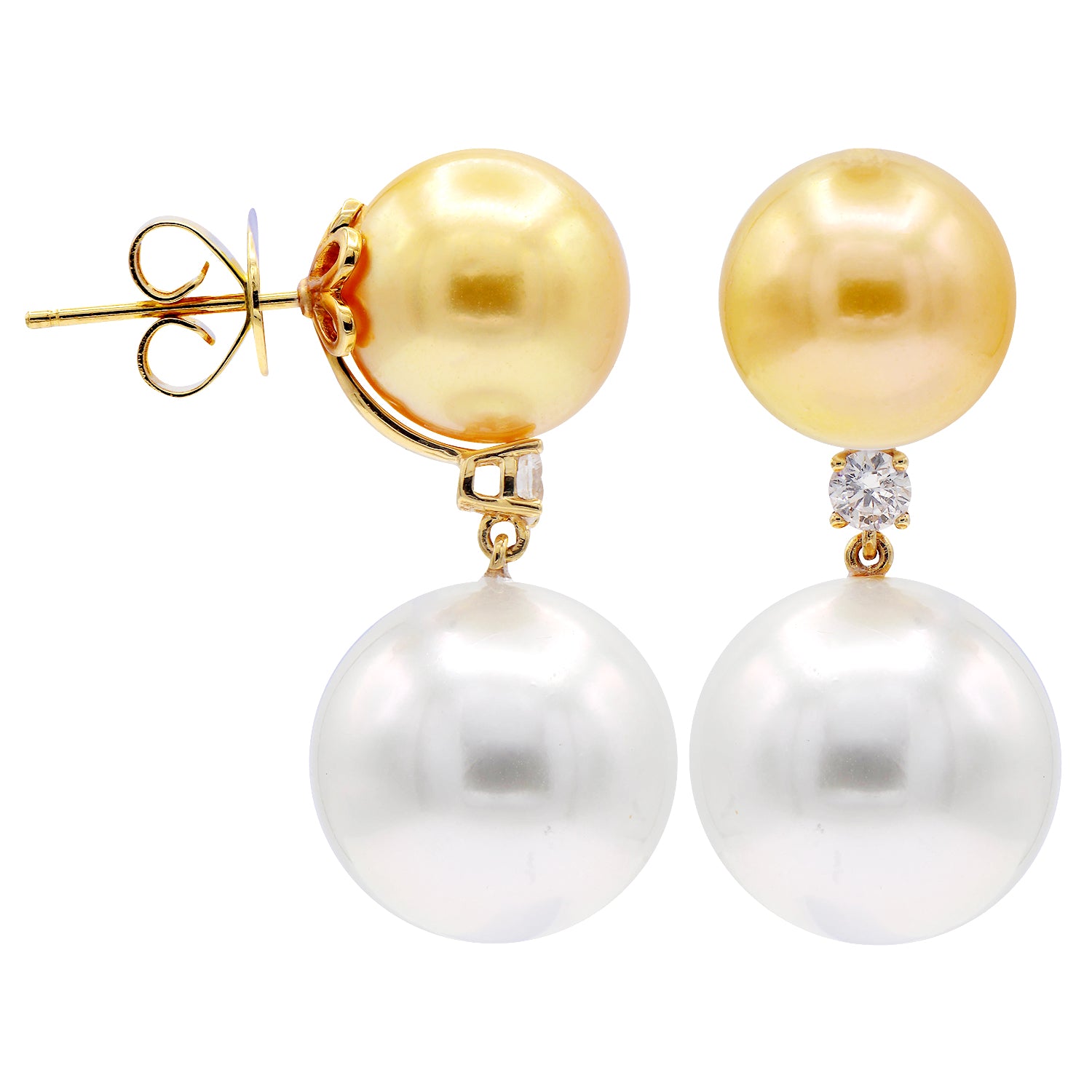 18KY White & Golden South Sea Pearl Earrings, 11-14mm