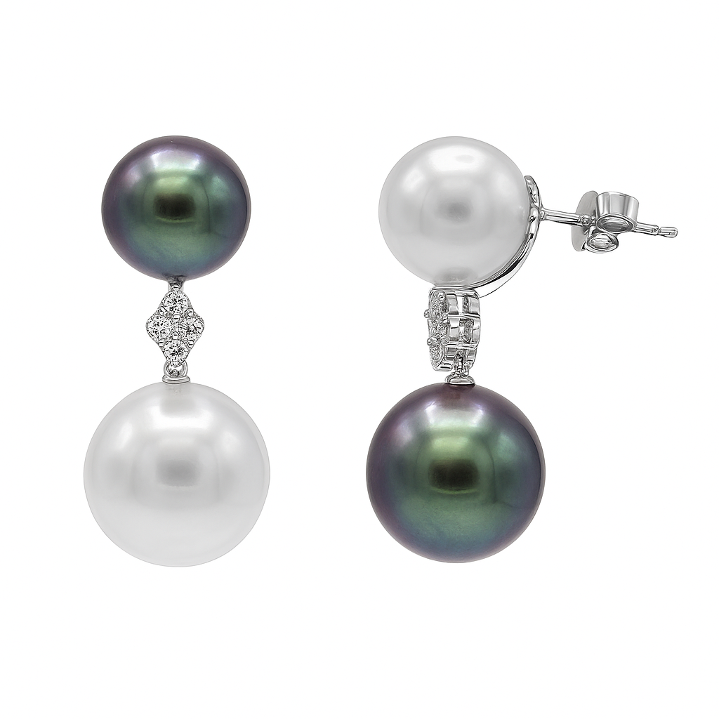 18K White Gold South Sea Pearl Earrings, 12-14mm, 0.32ct
