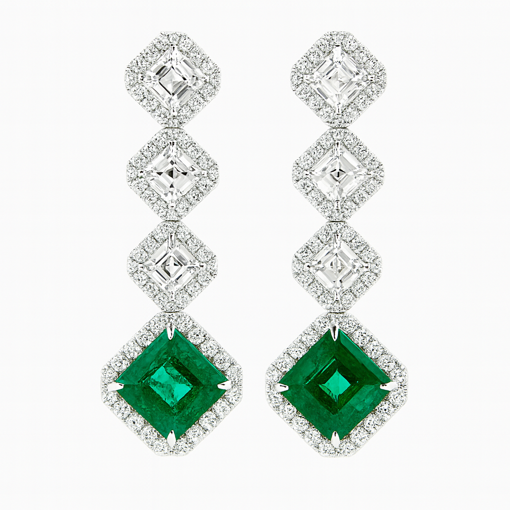 EE056303 - Earrings 18KW/10.0G 2EMER-6.54CT 6DIA-3.17CT 112RD-1.92CT
