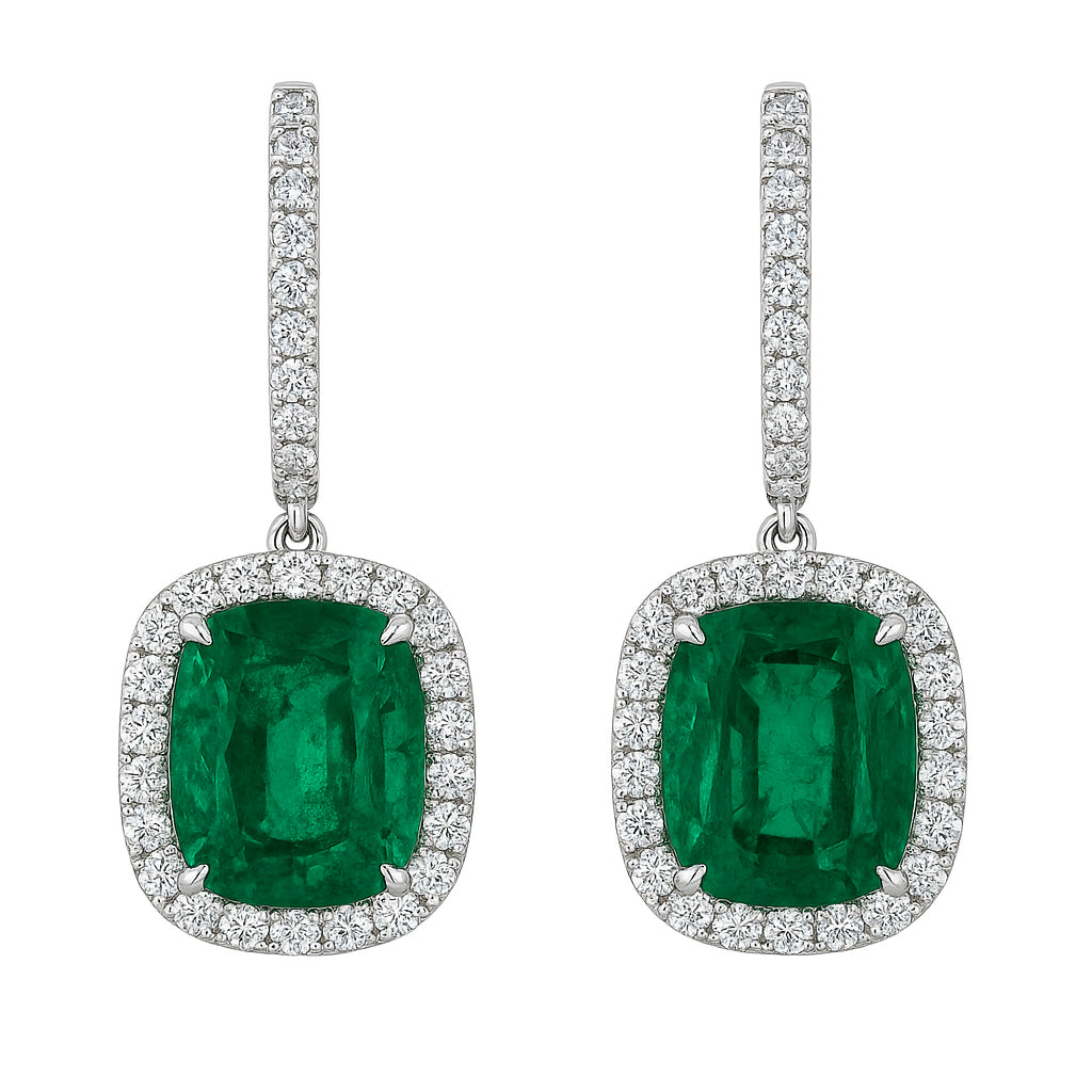 Handmade 18K White Gold Green Emerald Earrings, 8.21ct
