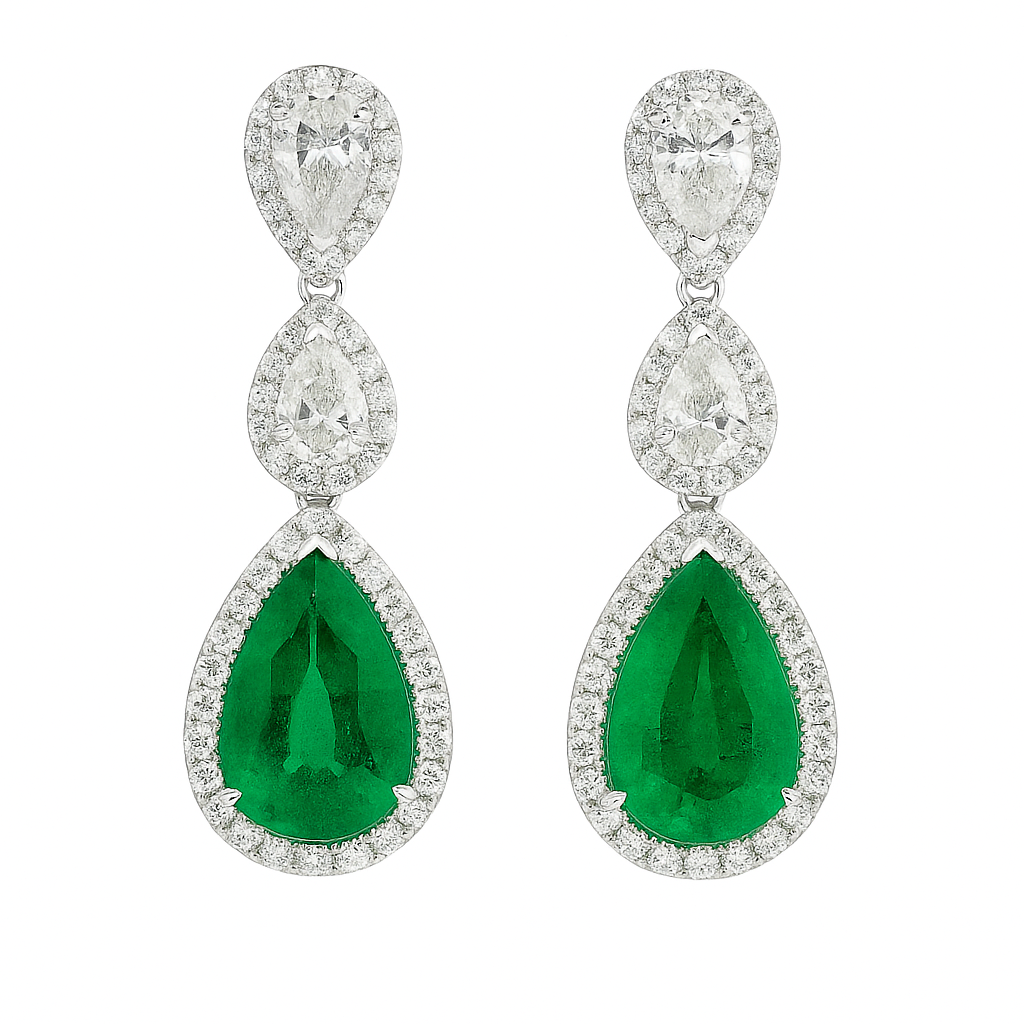 Handmade 18K White Gold Emerald and Pearl Earrings, 7.39ct