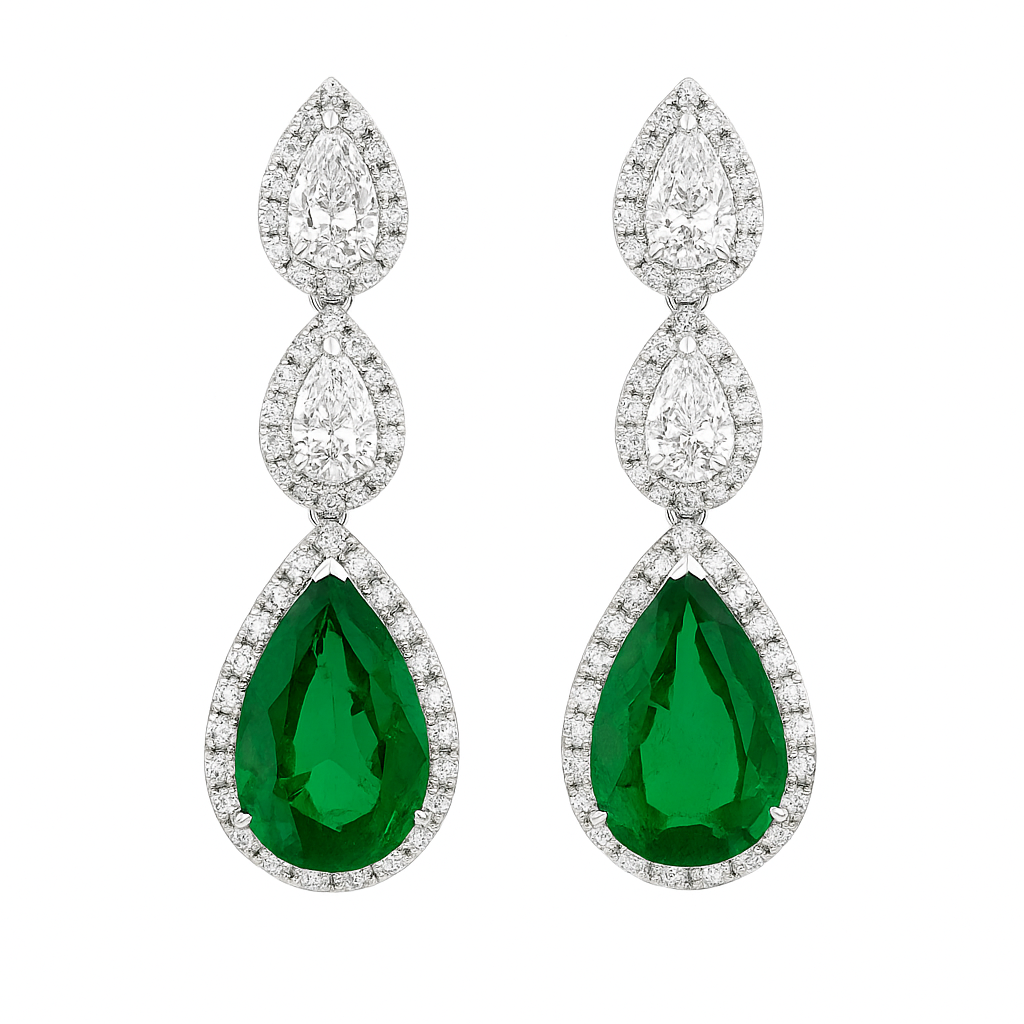 Handmade 18K White Gold Emerald and Pearl Earrings, 8-9mm, 6.12ct